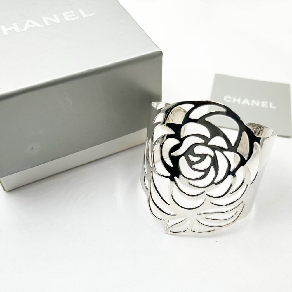 Chanel Rare 925 Solid Silver Camellia Cutout Bangle Cuff Bracelet